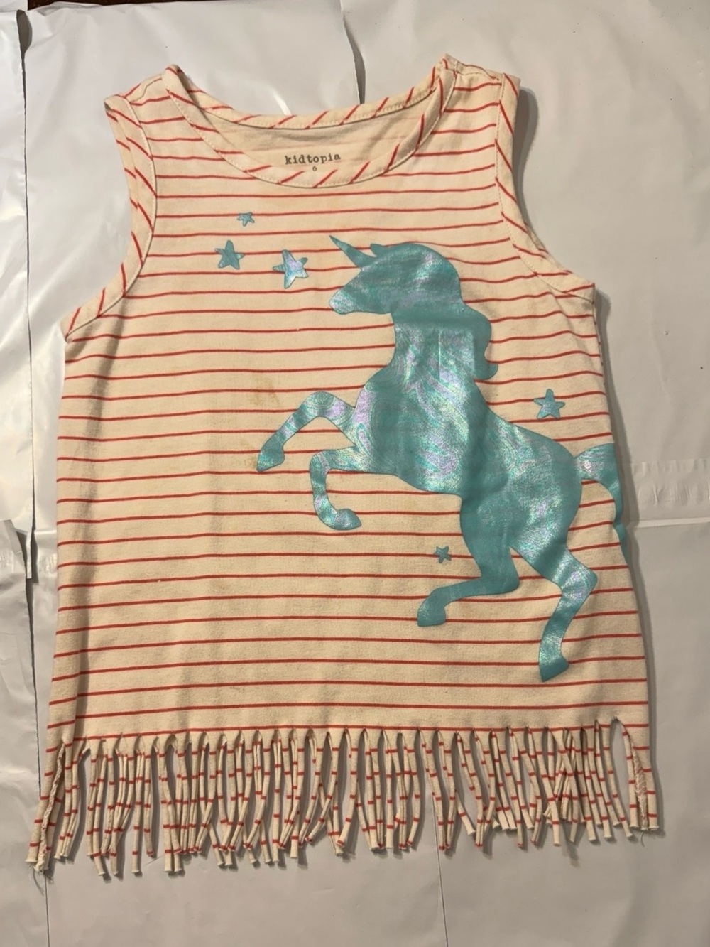 Kidtopia cream and red stripes with unicorn girls tank top size 6